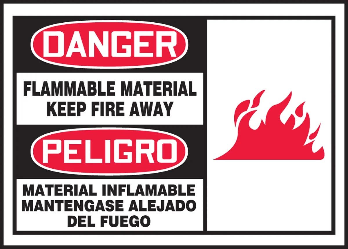 AccuformNMC SBLCHL004XVE Bilingual Safety Label, Flammable Material, Keep Fire Away, Adhesive Dura Vinyl, 3-1/2" x 5"