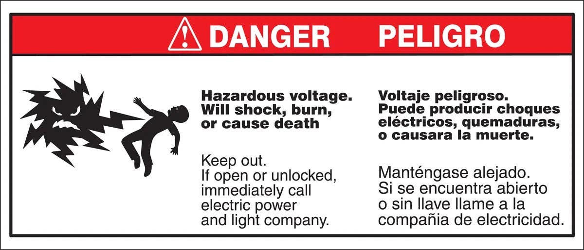AccuformNMC SBLELC191 Bilingual ANSI Danger Safety Label, Hazardous Voltage..., Adhesive Dura-Vinyl, 4-1/2" H x 10-5/8" W