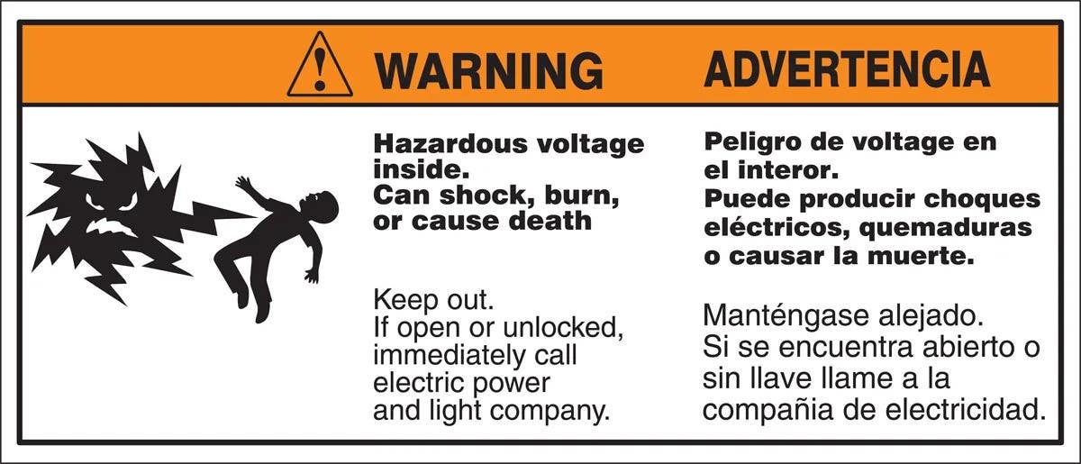 AccuformNMC SBLELC396 Bilingual ANSI Warning Safety Label, Hazardous Voltage..., Adhesive Dura-Vinyl, 4-1/2" H x 10-5/8" W