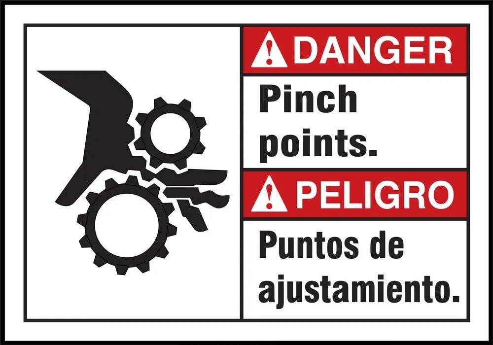 AccuformNMC SBLEQM021XVE ANSI Danger Safety Label, Pinch Points, Bilingual, Adhesive Dura Vinyl, 3-1/2" H x 5" W