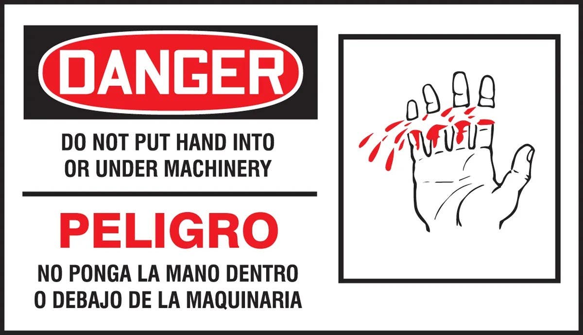 AccuformNMC SBLEQM023VSP Bilingual OSHA Danger Safety Label, Do Not Put Hand Into..., Adhesive Vinyl, 4" H x 7" W, 5/Pk