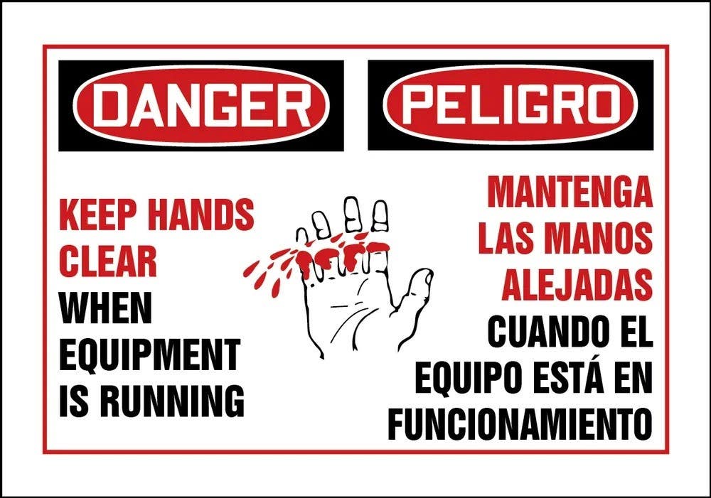 AccuformNMC SBLEQM034XVE Bilingual OSHA Danger Safety Label, Keep Hands Clear..., Adhesive Dura Vinyl, 3-1/2" H x 5" W
