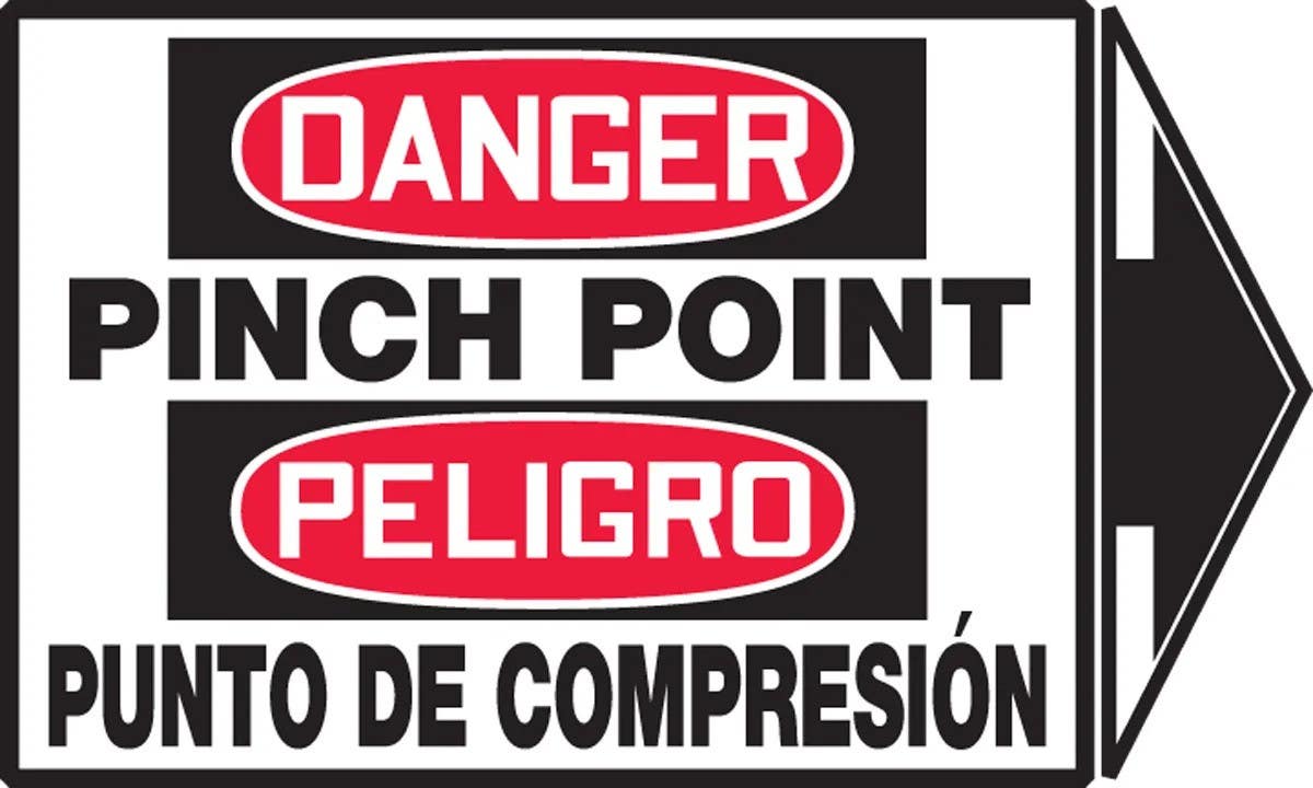 AccuformNMC SBLEQM144XVE Bilingual OSHA Danger Safety Sign, Pinch Point, Arrow Right, Adhesive Dura Vinyl, 3-1/2" H x 5" W