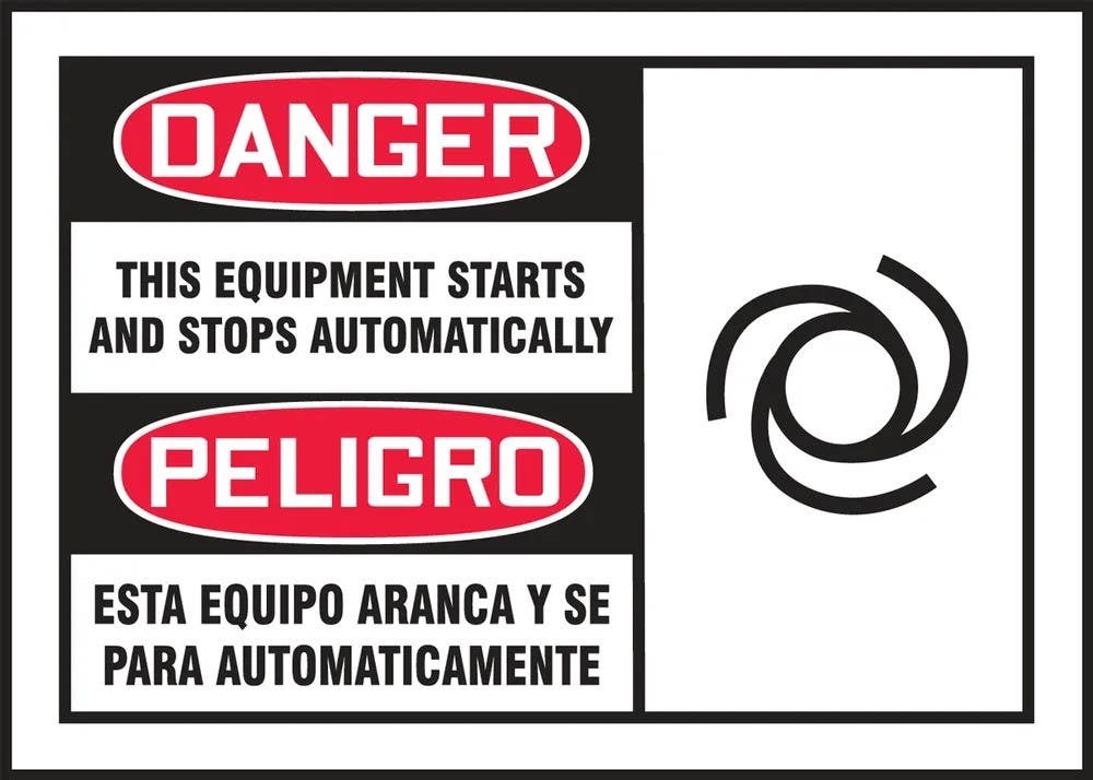 AccuformNMC SBLEQM190XVE OSHA Danger Safety Label, This Equipment Starts..., Adhesive Dura Vinyl, 3-1/2" H x 5" W