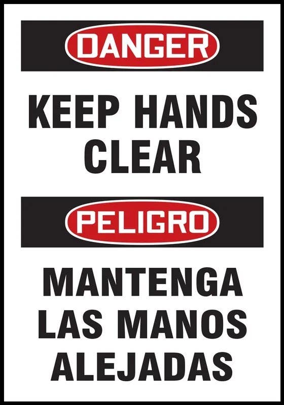 AccuformNMC SBLEQM279XVE OSHA Danger Safety Label, Keep Hands Clear, Bilingual, Adhesive Dura Vinyl, 5" H x 3-1/2" W