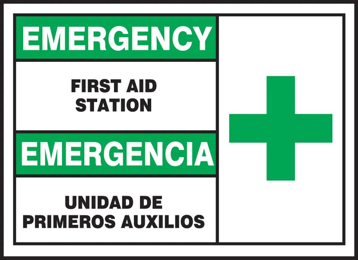 AccuformNMC SBLFSD903XVE Bilingual Emergency Safety Label, First Aid Station, Adhesive Dura Vinyl, 3-1/2" H x 5" W