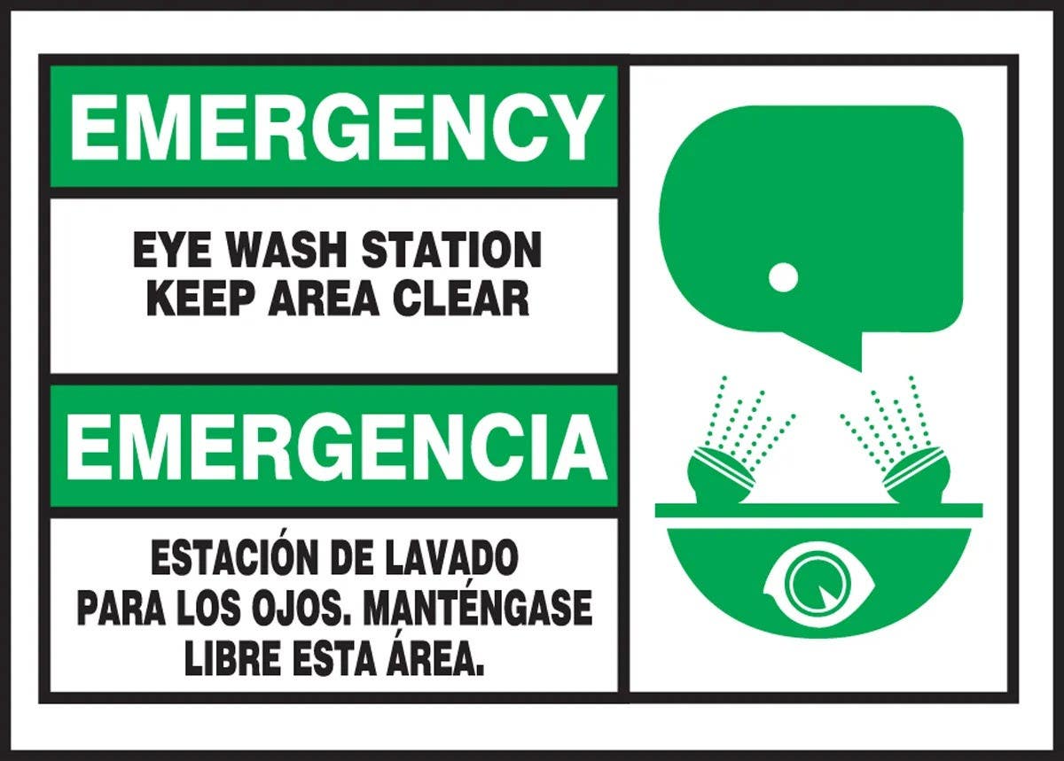 AccuformNMC SBLFSD904XVE Bilingual Emergency Safety Label, Eye Wash Station..., Adhesive Dura Vinyl, 3-1/2" H x 5" W