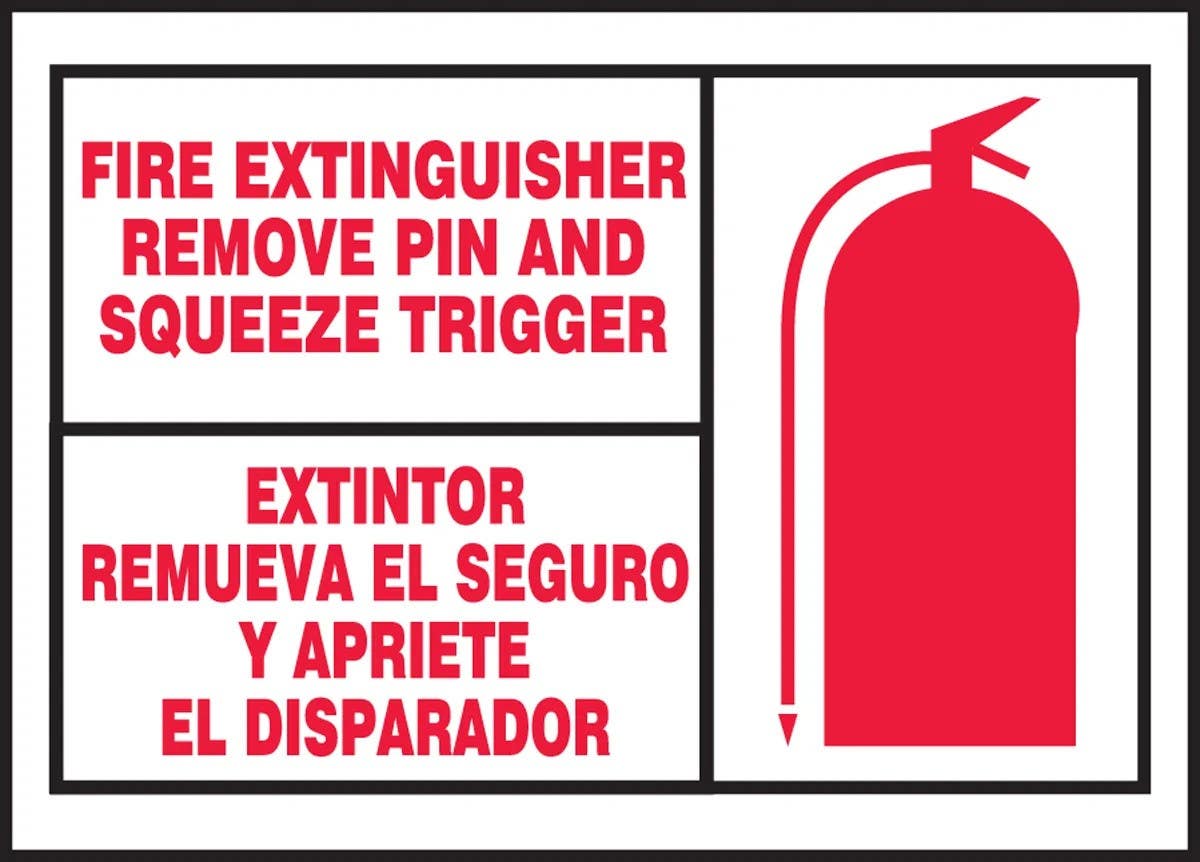 AccuformNMC SBLFXG513VSP Bilingual Safety Label, Fire Extinguisher, Remove Pin..., Adhesive Vinyl, 3-1/2" H x 5" W, 5/Pk