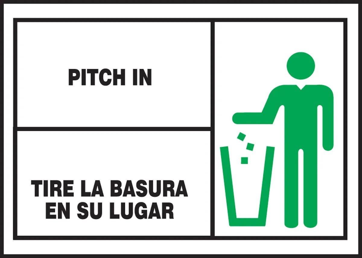 AccuformNMC SBLHSK511XVE Bilingual Safety Label, Pitch In, Adhesive Dura Vinyl, 3-1/2" H x 5" W