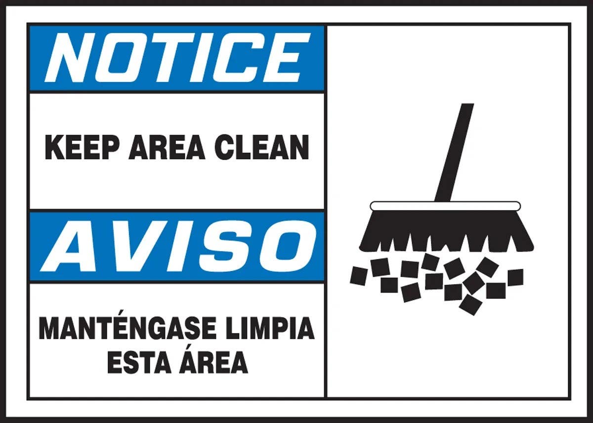 AccuformNMC SBLHSK801XVE Bilingual OSHA Safety Label, Keep Area Clean, Adhesive Dura Vinyl, 3-1/2" H x 5" W
