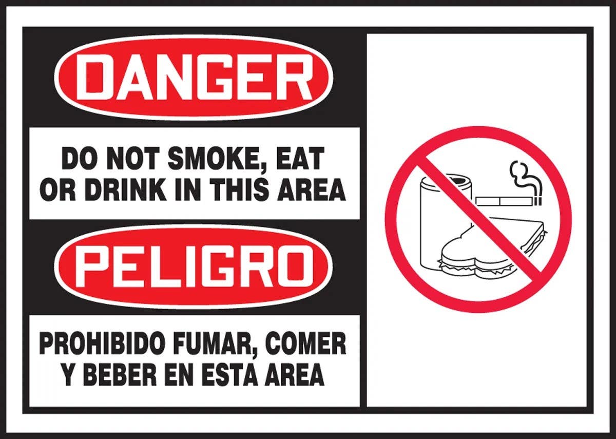 AccuformNMC SBLSMK002XVE Bilingual OSHA Danger Safety Label, Do Not Smoke, Eat..., Adhesive Dura Vinyl, 3-1/2" H x 5" W