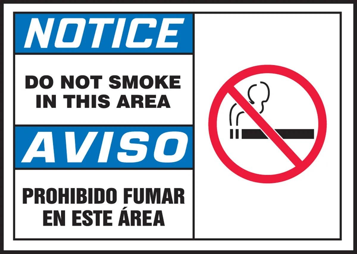AccuformNMC SBLSMK803VSP Bilingual OSHA Notice Safety Label, Do Not Smoke..., Adhesive Vinyl, 3-1/2" H x 5" W, 5/Pk