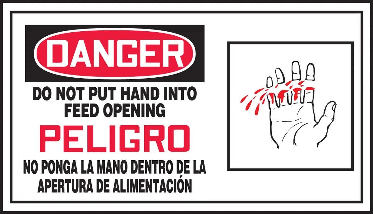 AccuformNMC SBLSPS103XVE Bilingual OSHA Danger Safety Label, Do Not Put Hand..., Adhesive Dura Vinyl, 4" H x 7" W