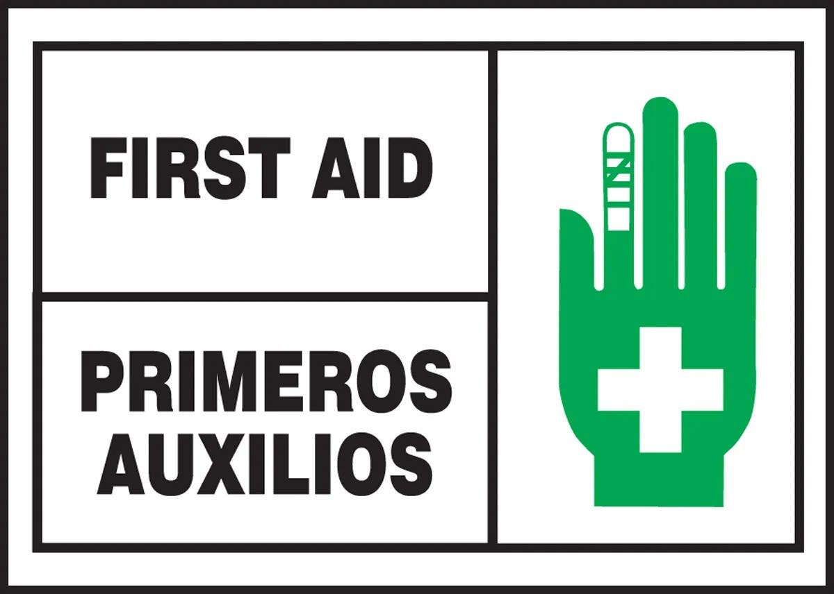 AccuformNMC SBLSPS506XVE Bilingual Safety Label, First Aid, Adhesive Dura Vinyl, 3-1/2" H x 5" W