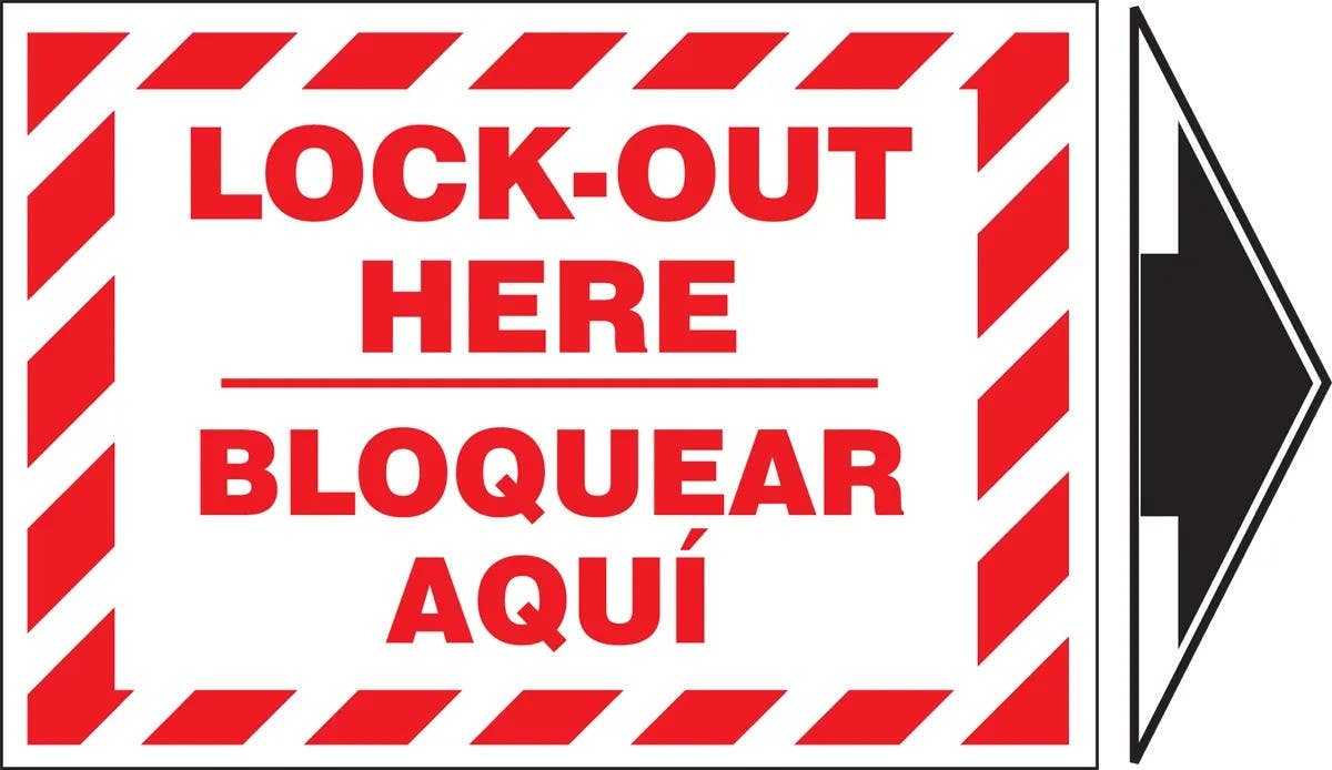AccuformNMC SBLSPS509VSP Bilingual Lockout/Tagout Label, Lockout Here (With Arrow), Adhesive Vinyl, 3-1/2" H x 5" W, 5/Pk