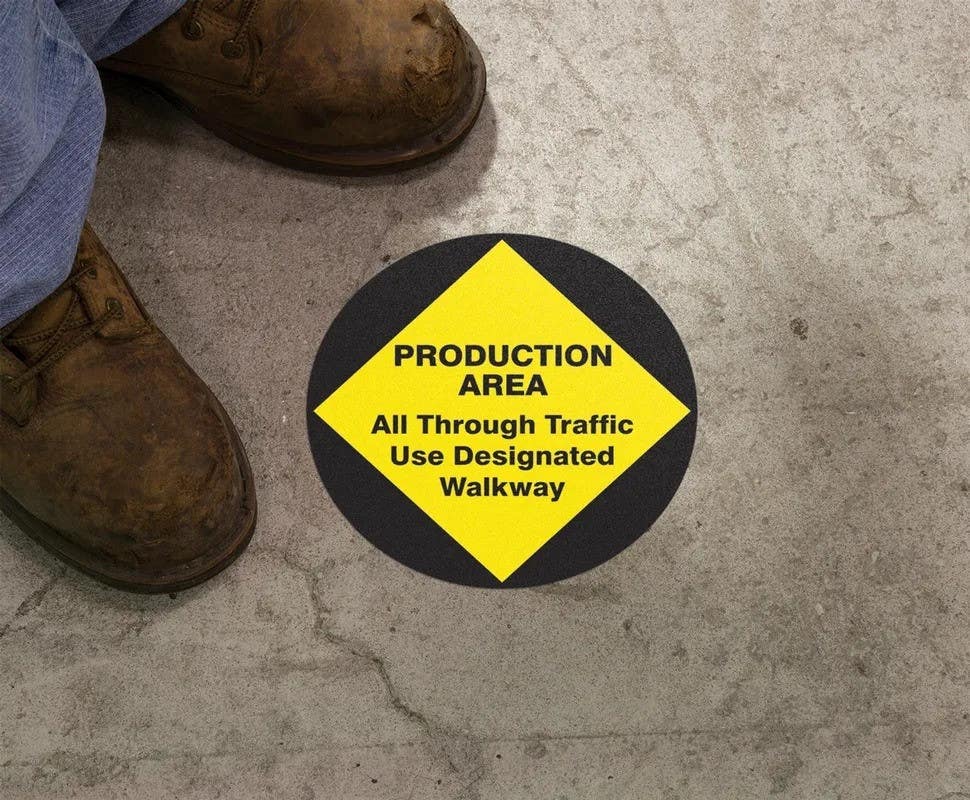 AccuformNMC MFS Slip-Gard, Floor Sign, Production Area, All Through Traffic Use Designated Walkway