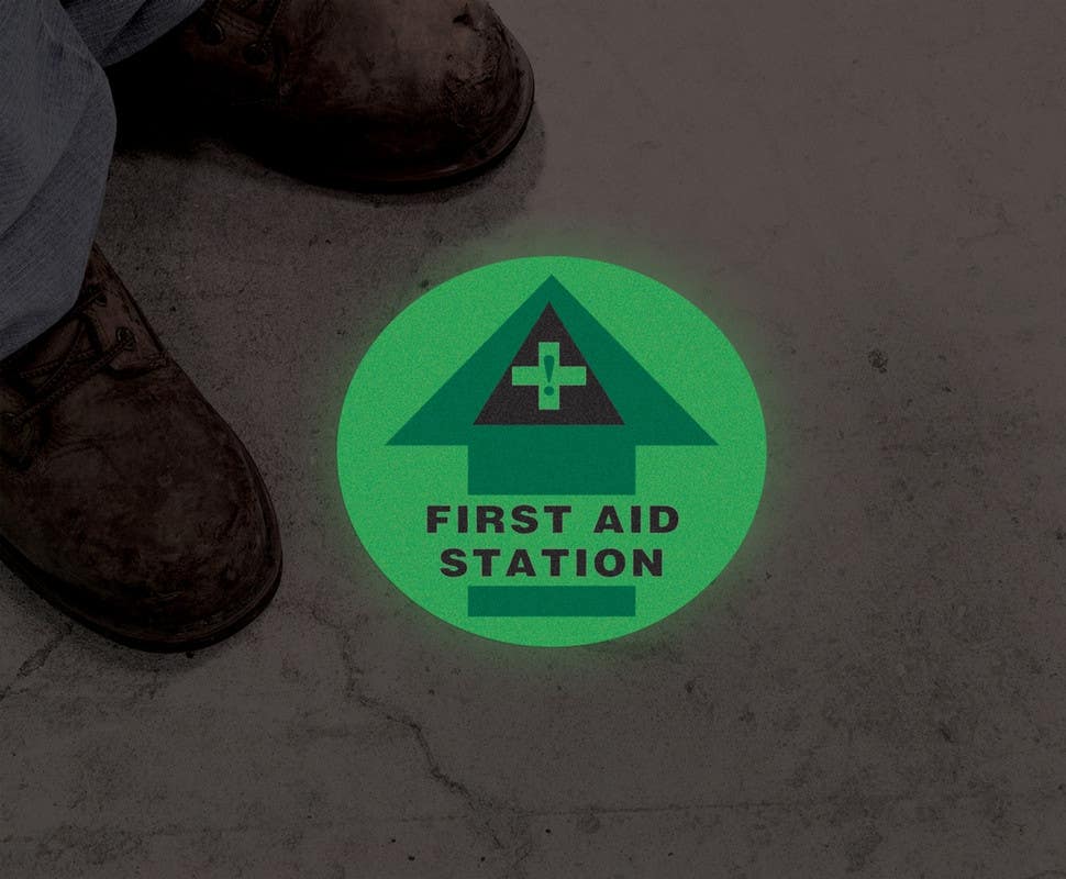 AccuformNMC MFS Glow-In-The-Dark Slip-Gard, Floor Sign, First Aid Station