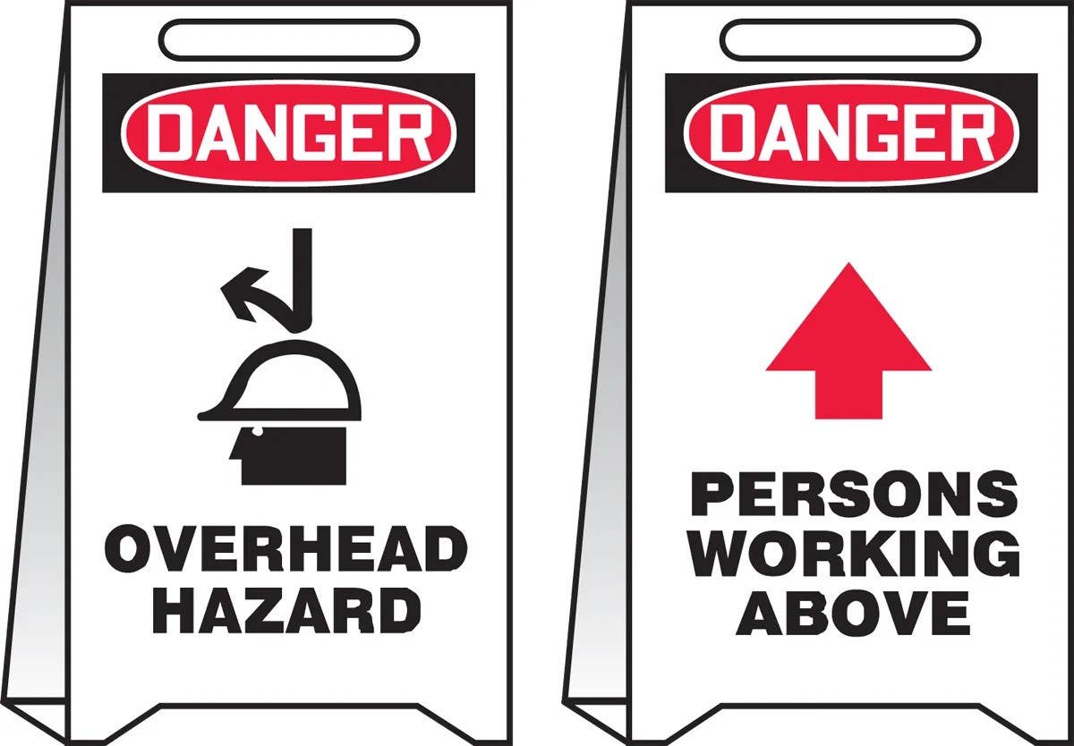 AccuformNMC PFE420 OSHA Danger Reversible Fold-Ups Floor Sign, Overhead Hazard..., Corrugated Plastic, 20" H x 12" W