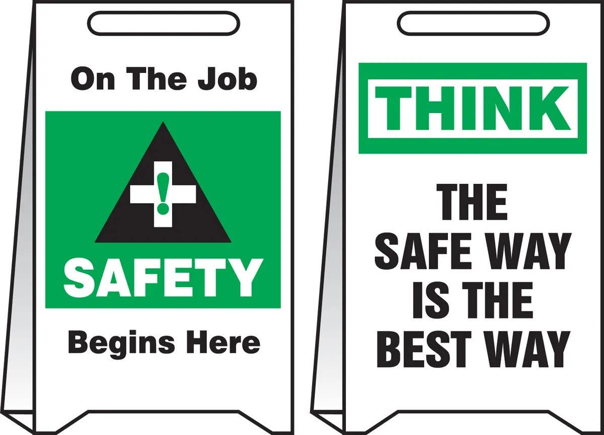 AccuformNMC PFE448 Reversible Fold-Ups Floor Sign, On The Job Safety Begins Here..., Corrugated Plastic, 20" H x 12" W