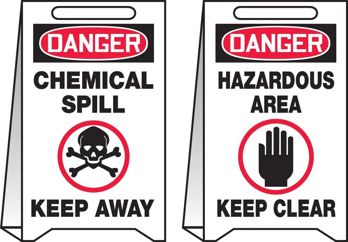 AccuformNMC PFE464 OSHA Danger Reversible Fold-Ups Floor Sign, Chemical Spill..., Corrugated Plastic, 20" H x 12" W