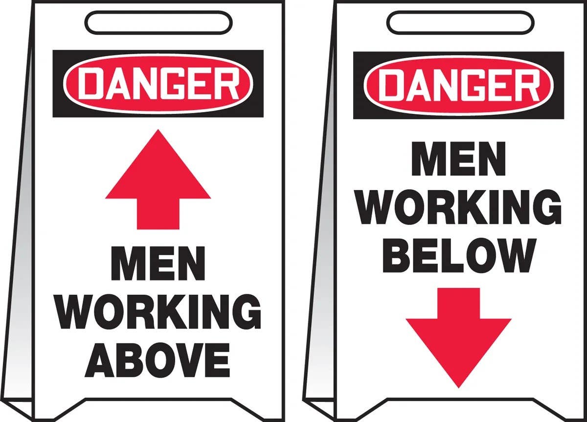 AccuformNMC PFE470 OSHA Danger Reversible Fold-Ups Floor Sign, Men Working Above..., Corrugated Plastic, 20" H x 12" W