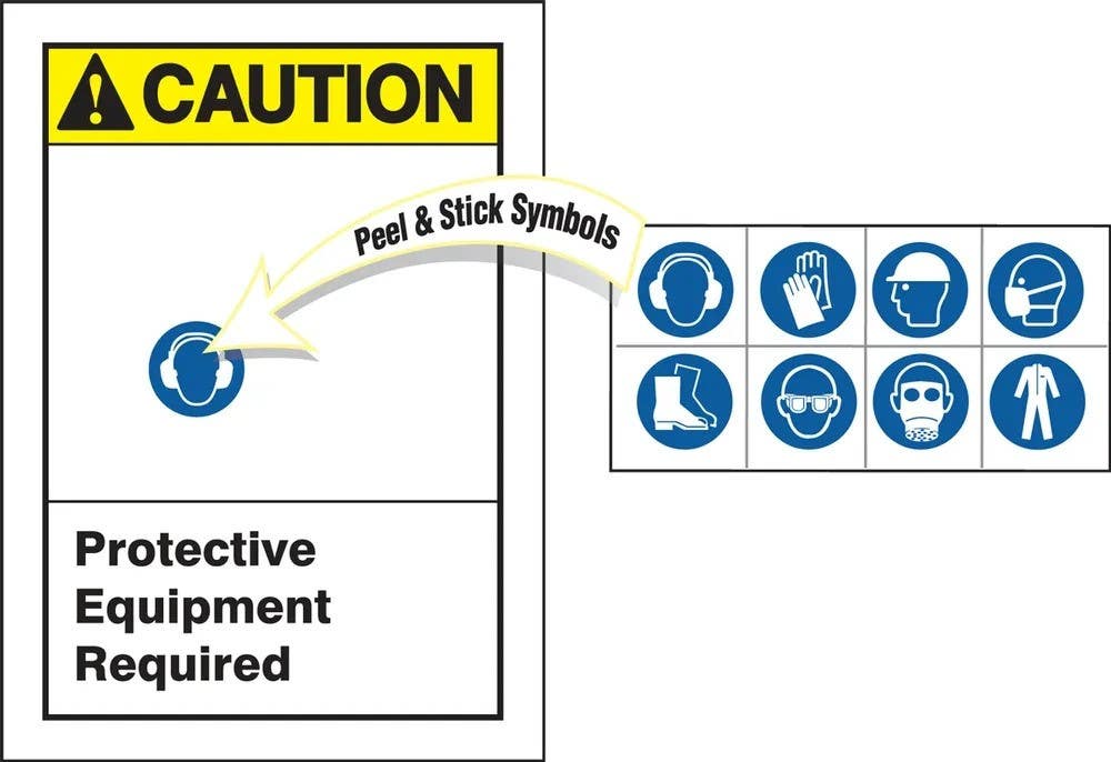 AccuformNMC LPPE64 ANSI Caution Safety Label, Protective Equipment Required (With Peel & Stick Symbols)