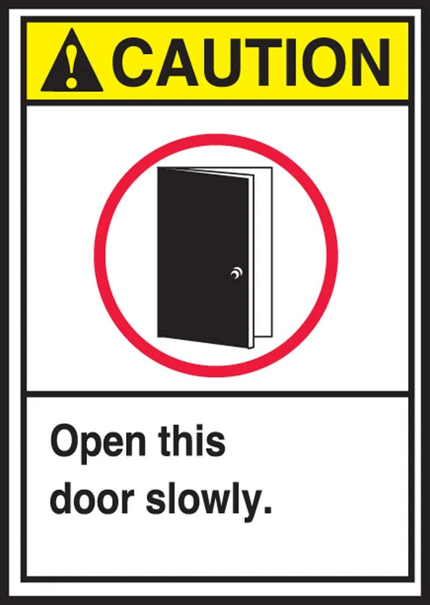 AccuformNMC LABR601VSP ANSI Caution Safety Label, Open This Door Slowly, Adhesive Vinyl, 5" H x 3-1/2" W, 5/Pk