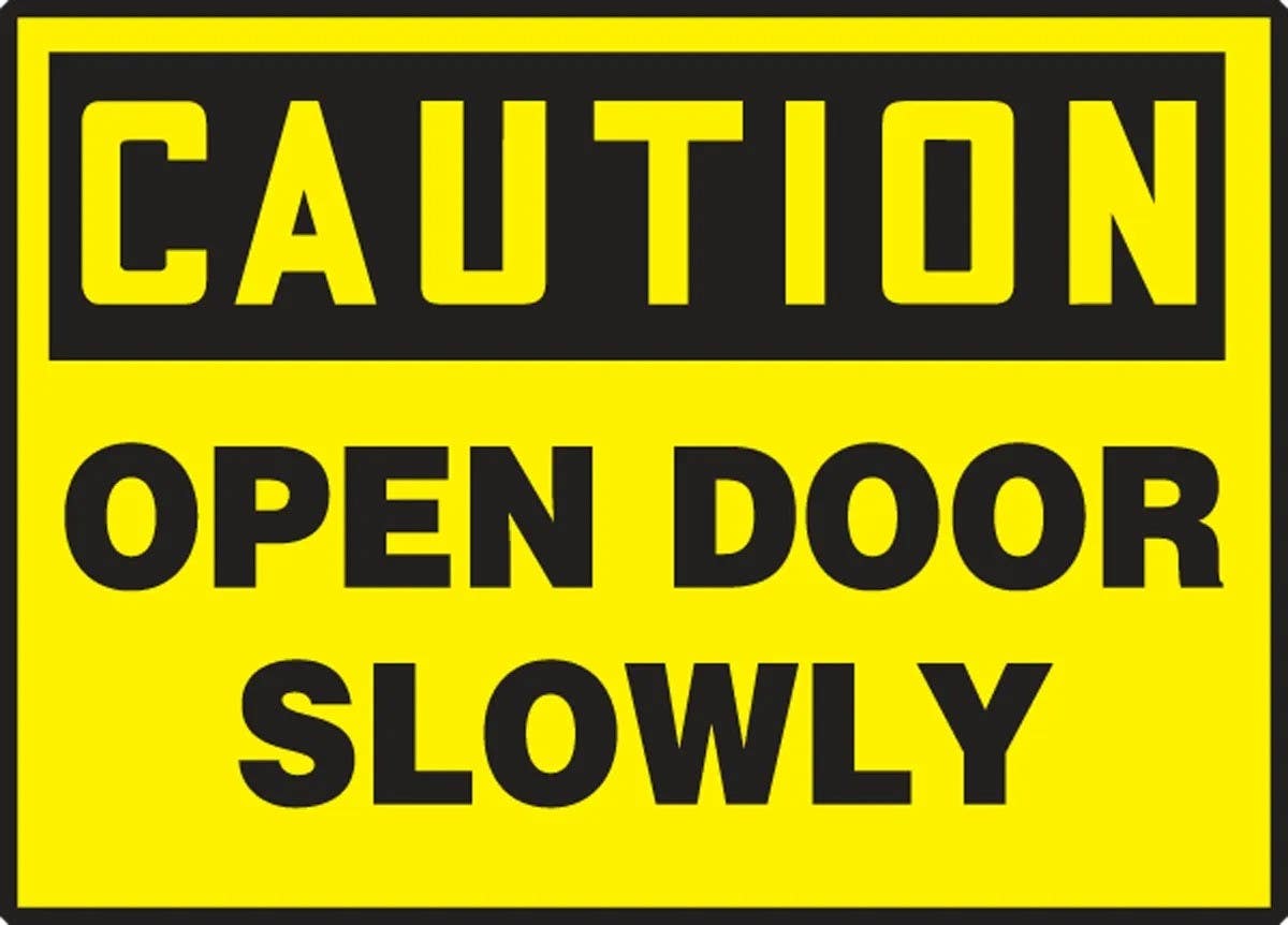 AccuformNMC LADM631XVE OSHA Caution Safety Label, Open Door Slowly, Adhesive Dura Vinyl, 3-1/2" H x 5" W