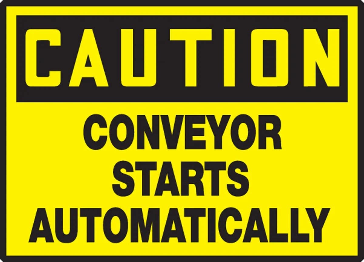 AccuformNMC LECN602XVE OSHA Caution Safety Label, Conveyor Starts Automatically, Adhesive Dura Vinyl, 3-1/2" H x 5" W