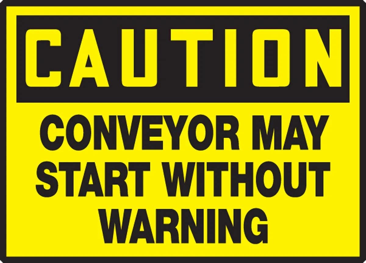 AccuformNMC LECN604VSP OSHA Caution Safety Label, Conveyor May Start Without..., Adhesive Vinyl, 3-1/2" H x 5" W, 5/Pk