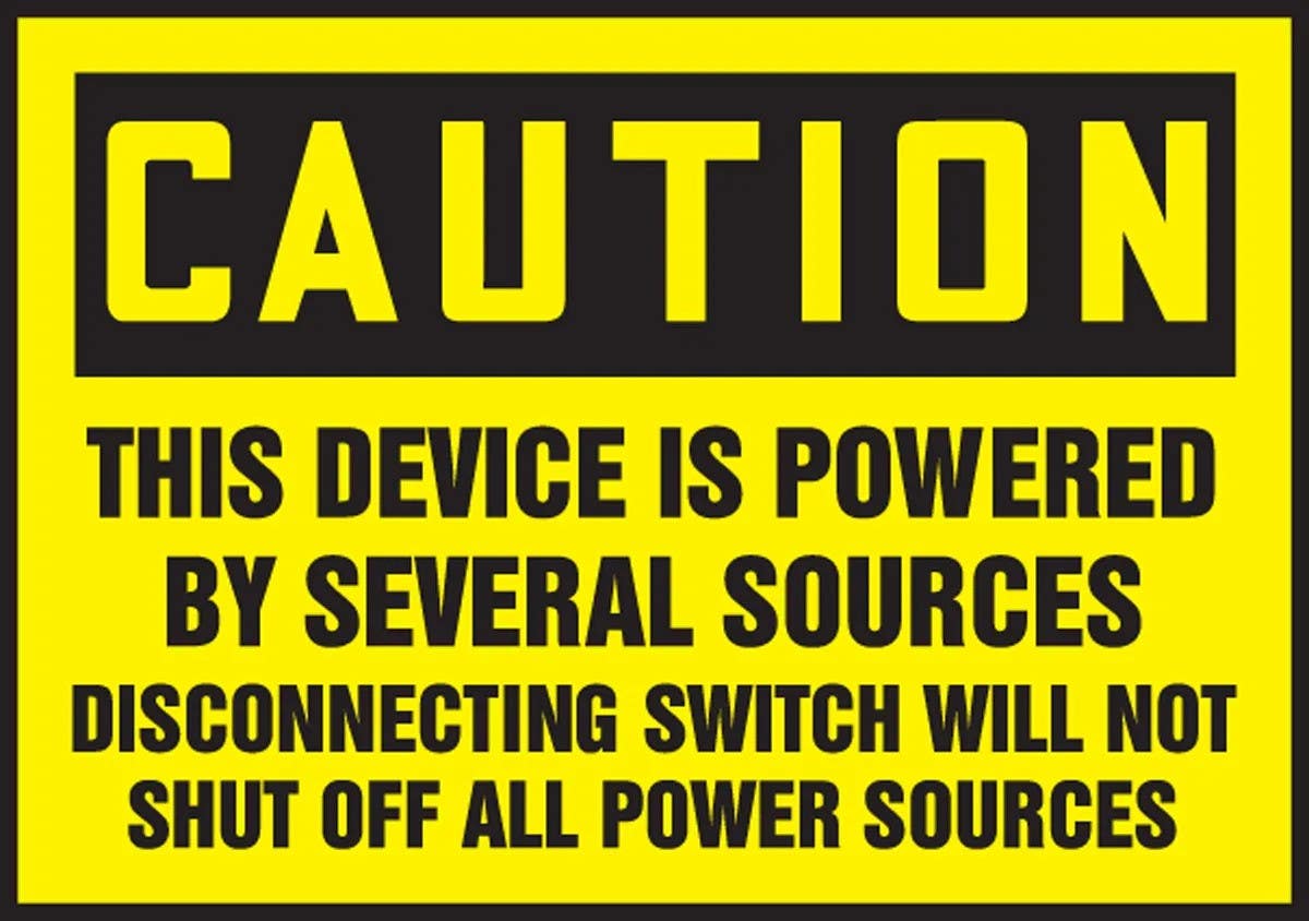 AccuformNMC LELC633VSP OSHA Caution Safety Label, This Device Is Powered By..., Adhesive Vinyl, 3-1/2" H x 5" W, 5/Pk