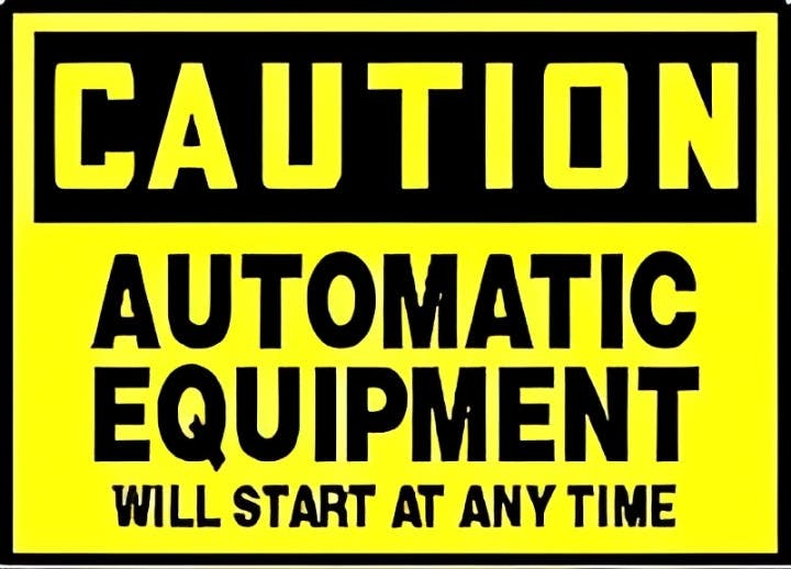 AccuformNMC LEQM610XVE OSHA Caution Safety Label, This Equipment Starts And Stops..., Adhesive Dura Vinyl, 3-1/2" H x 5" W