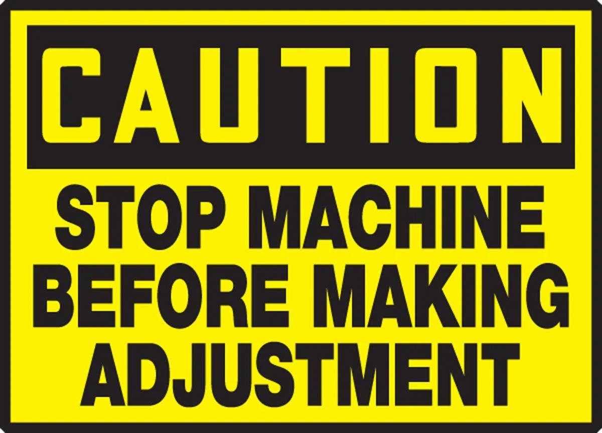 AccuformNMC LEQM616VSP OSHA Caution Equipment Safety Label, Stop Machine Before..., Adhesive Vinyl, 3-1/2" H x 5" W, 5/Pk