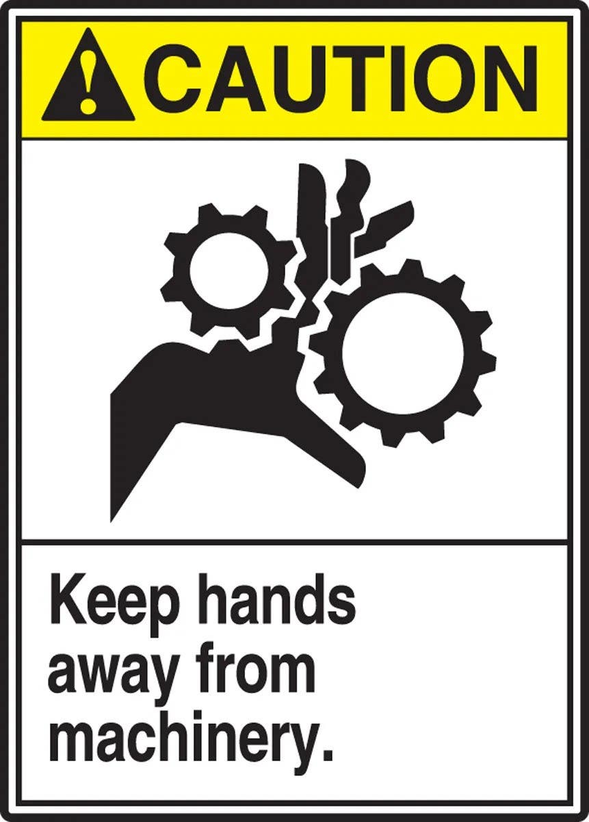 AccuformNMC LEQM663VSP ANSI Caution Safety Label, Keep Hands Away From Machinery, Adhesive Vinyl, 5" H x 3-1/2" W, 5/Pk