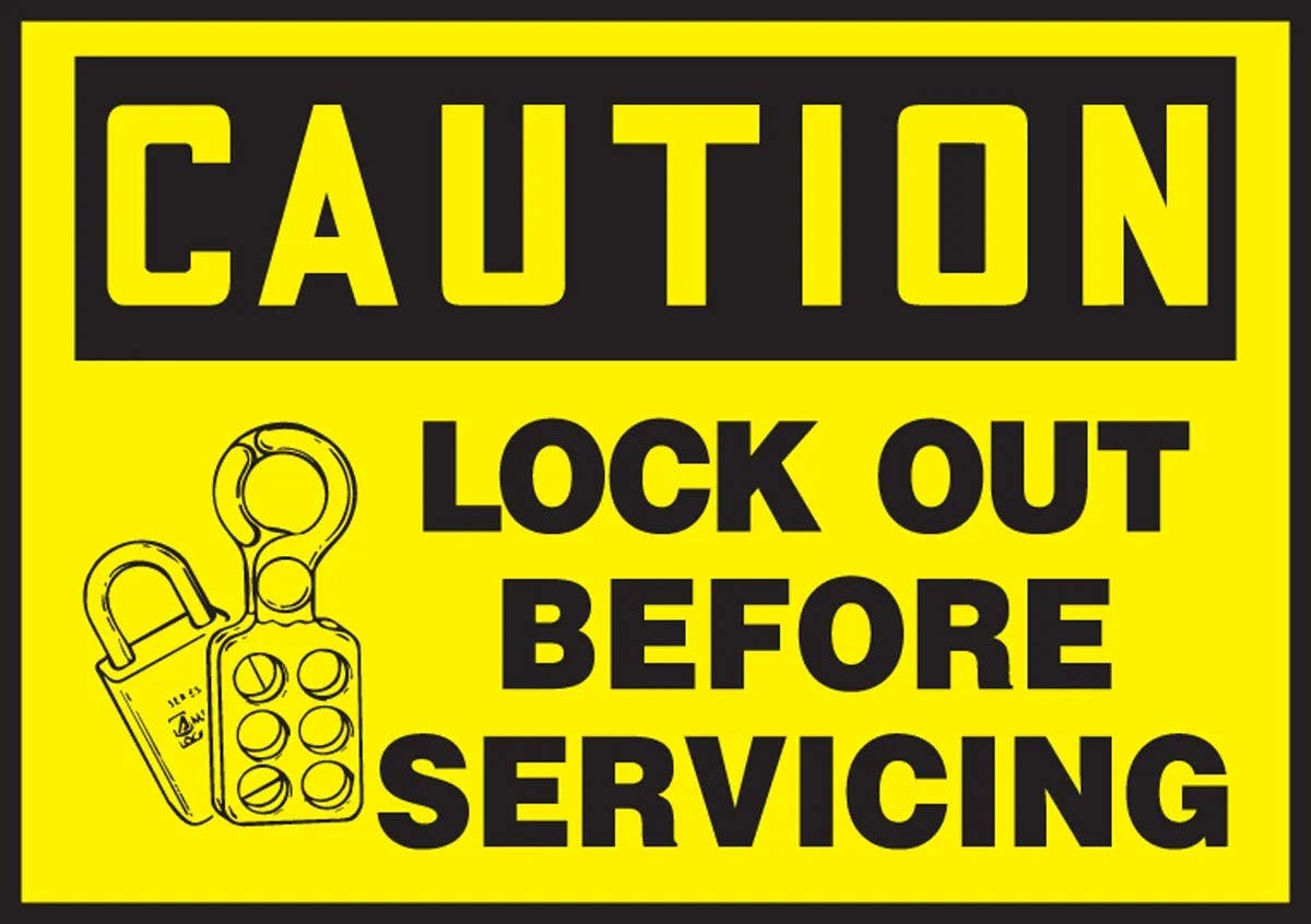 AccuformNMC LLKT603XVE OSHA Caution Lockout/Tagout Label, Lock Out Before Servicing, Adhesive Dura Vinyl, 3-1/2" H x 5" W