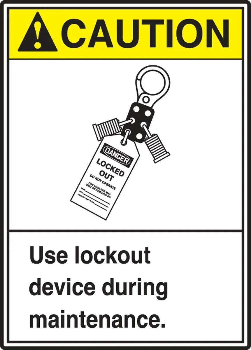 AccuformNMC LLKT606VSP ANSI ISO Caution Safety Label, Use Lockout Device..., Adhesive Vinyl, 5" H x 3-1/2" W, 5/Pk