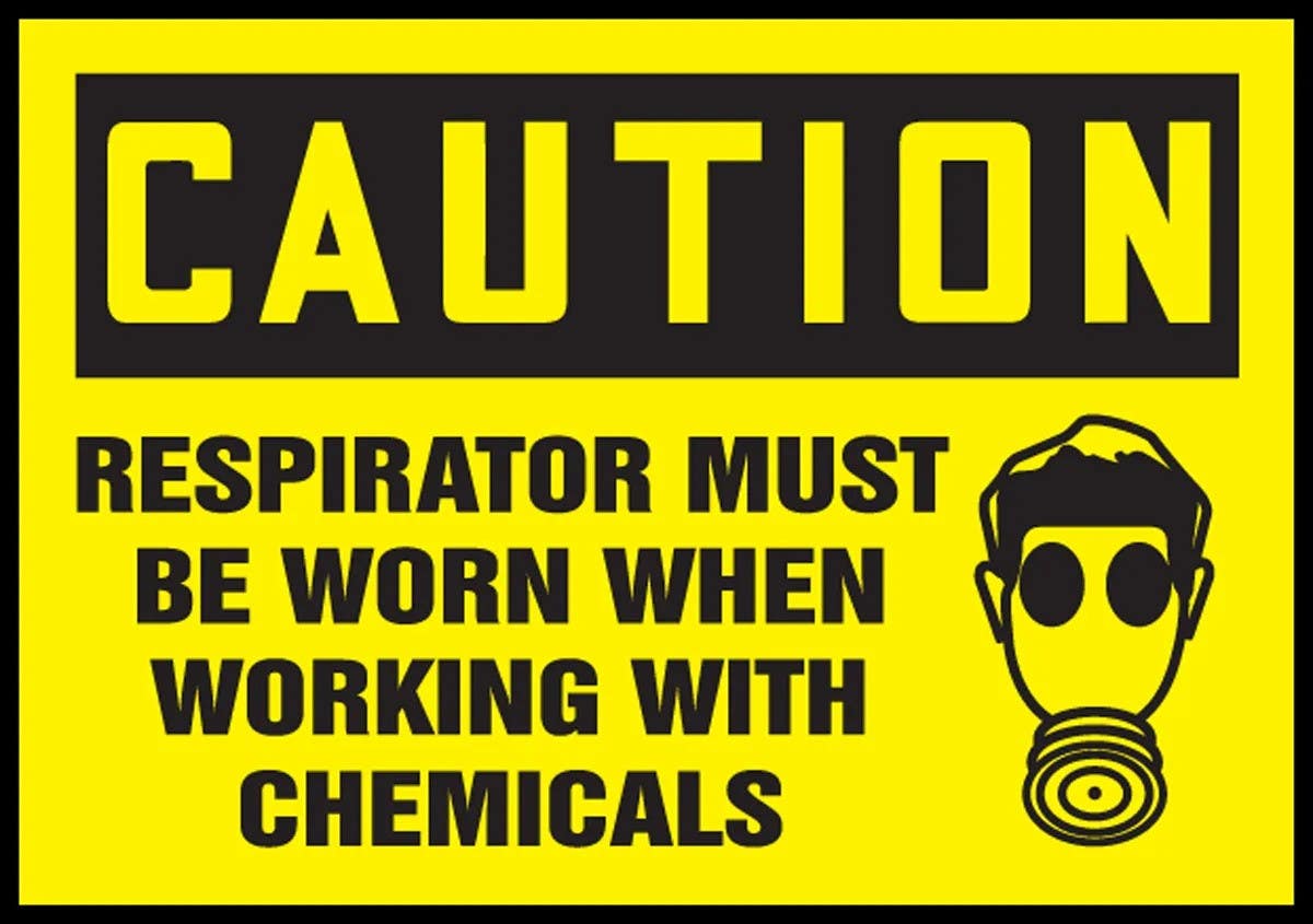 AccuformNMC LPPE601VSP OSHA Caution Safety Label, Respirator Must Be Worn When..., Adhesive Vinyl, 3-1/2" H x 5" W, 5/Pk