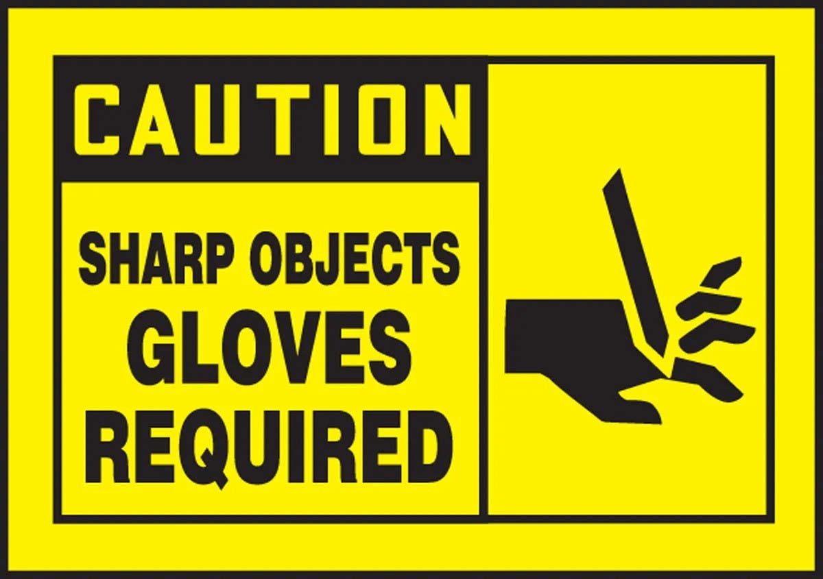 AccuformNMC LPPE621VSP OSHA Caution Safety Label, Sharp Objects, Gloves Required, Adhesive Vinyl, 3-1/2" H x 5" W, 5/Pk