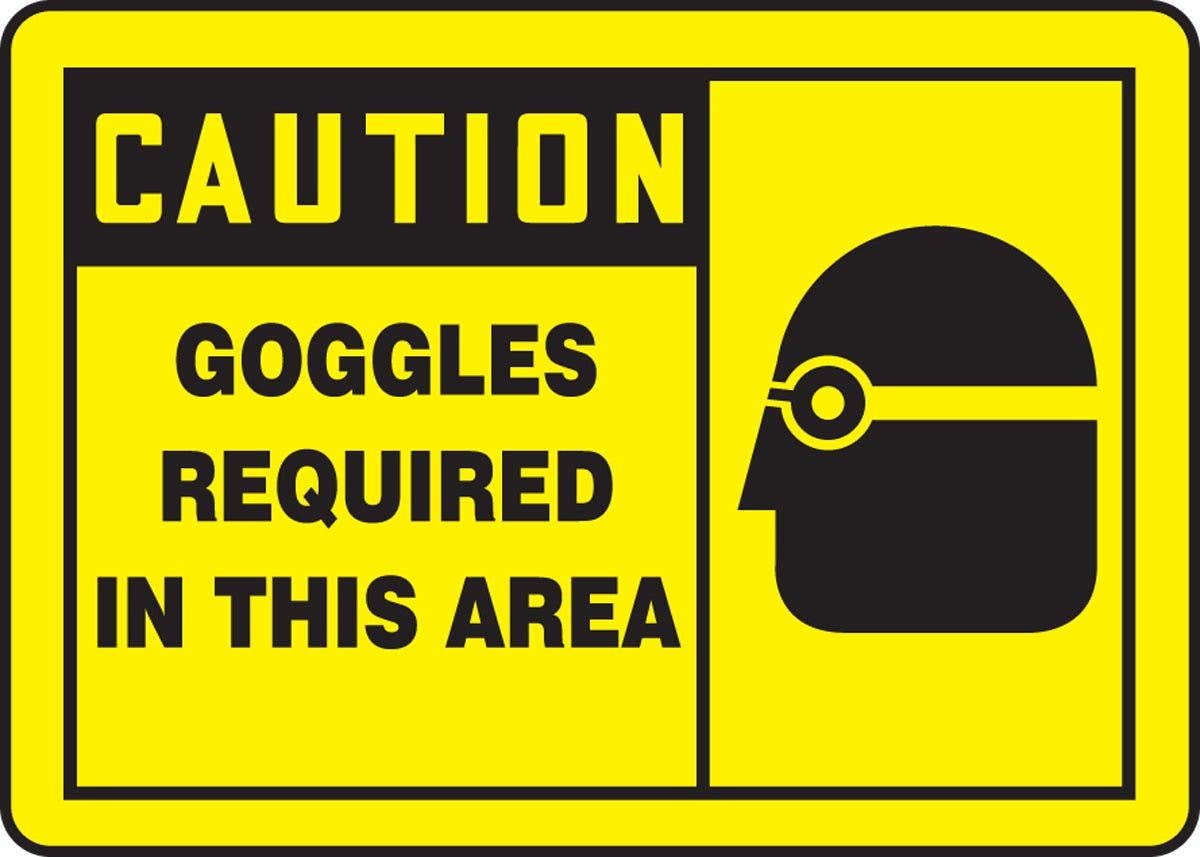 AccuformNMC LPPE626XVE OSHA Caution Safety Label, Goggles Required In This Area, Adhesive Dura Vinyl, 3-1/2" H x 5" W