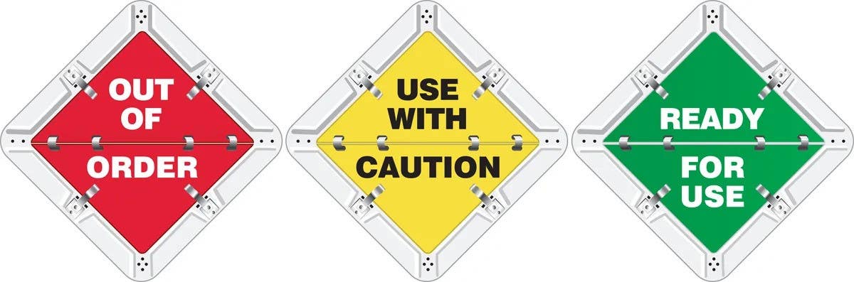 AccuformNMC PSF301 Status Alert Flip-Plac Sign, Out Of Order/Use With Caution/Ready For Use, 13-3/4" x 13-3/4"
