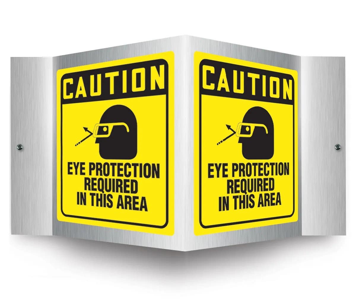 AccuformNMC PSM304 Brushed Aluminum 3D Projection Sign, Caution Eye Protection Required In This Area, 6" H x 5" W Panel