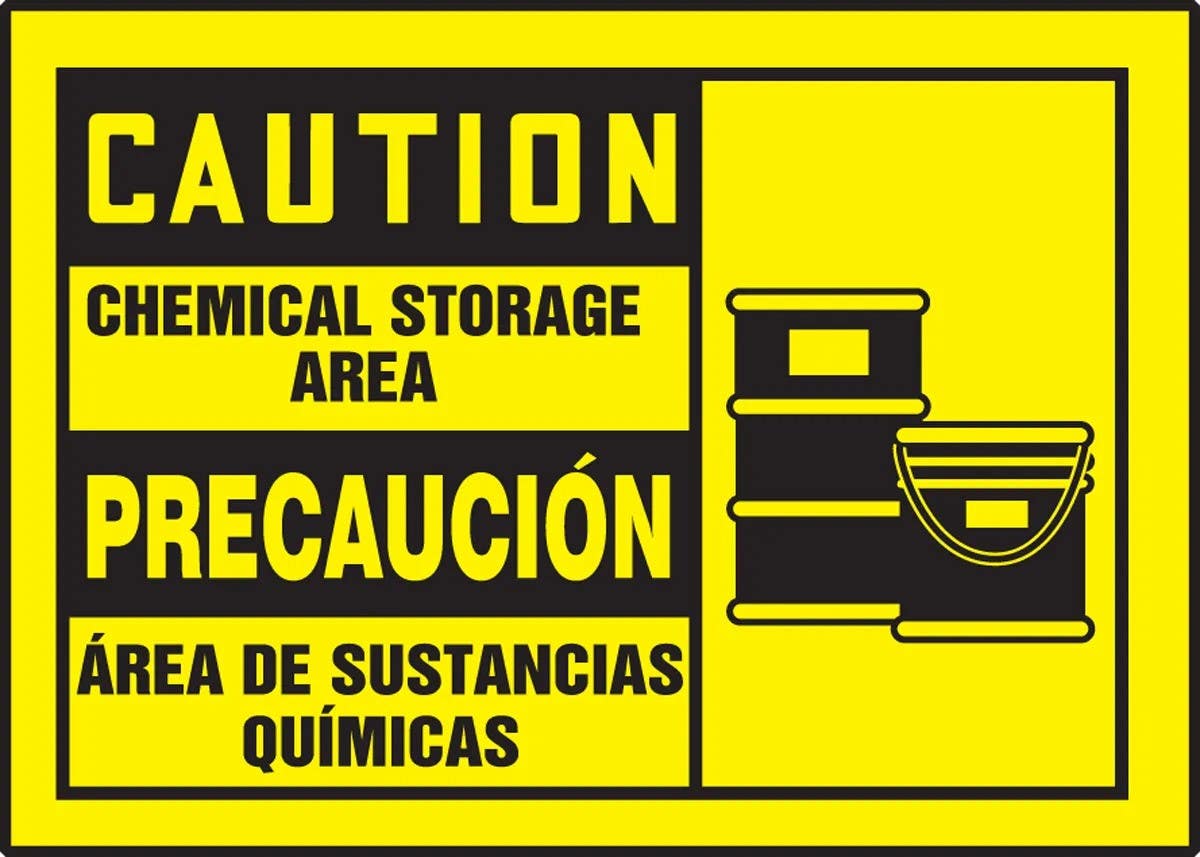 AccuformNMC SBLCHL610XVE Bilingual OSHA Caution Safety Label, Chemical Storage Area, Adhesive Dura Vinyl, 3-1/2" H x 5" W