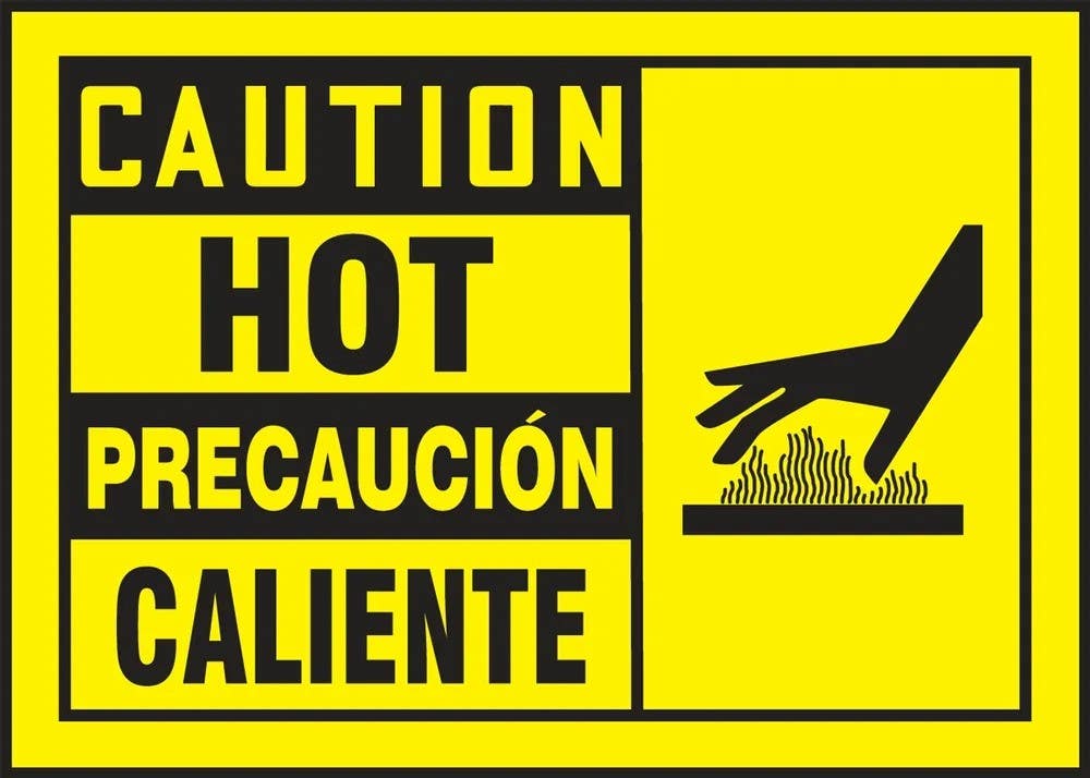 AccuformNMC SBLEQM621XVE Bilingual OSHA Caution Safety Label, Hot, Adhesive Dura Vinyl, 3-1/2" H x 5" W