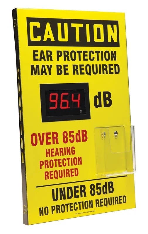 AccuformNMC SCS606 OSHA Caution Decibel Meter Sign With Ear Plug Dispenser, Aluminum Face, 20" H x 12" W x 1" D