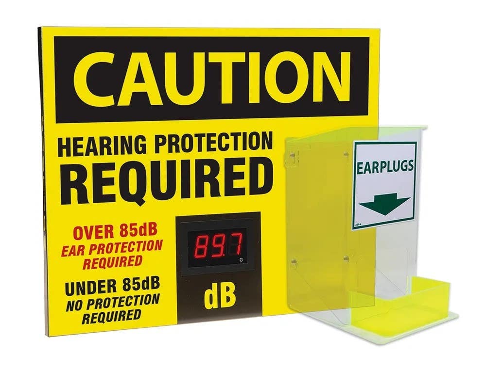 AccuformNMC SCS607 OSHA Caution Decibel Meter Sign With Ear Plug Dispenser, Aluminum Face, 20" H x 24" W x 1" D