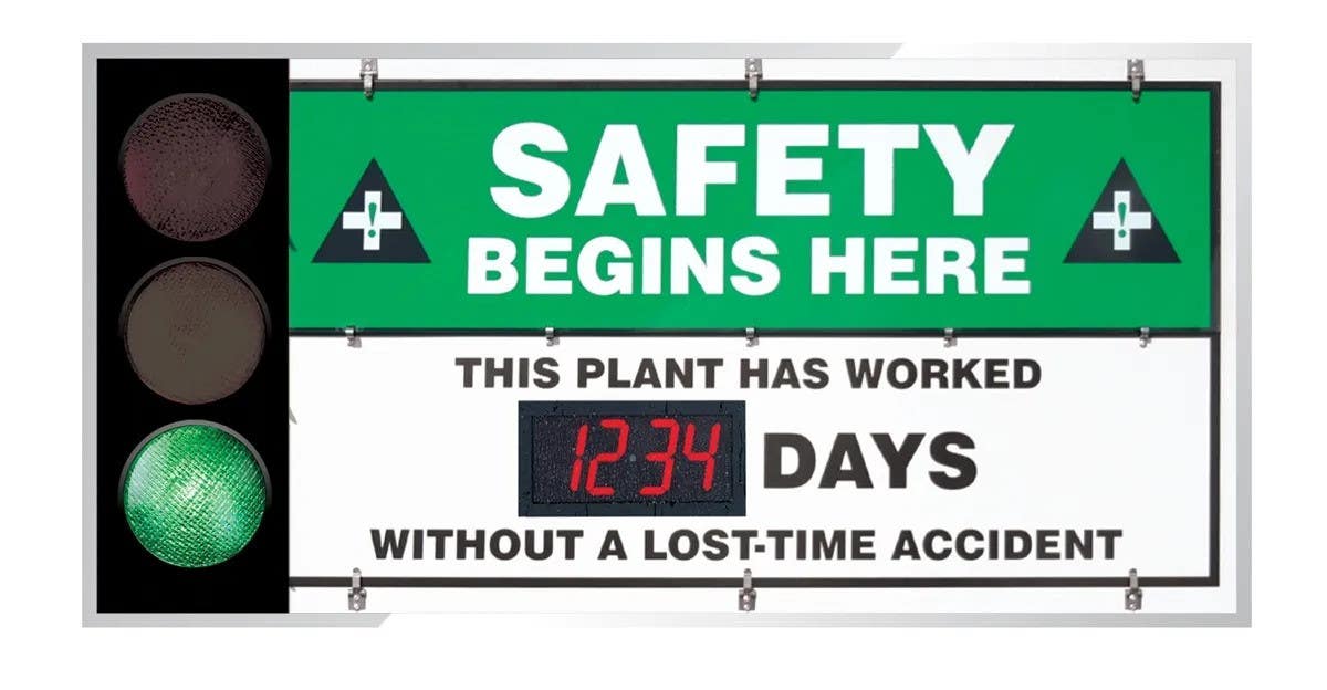 AccuformNMC SCT202 Signal-Flip Digi-Day, Electronic Scoreboards, Attention, Caution, Safety Begins Here, Aluminum Face