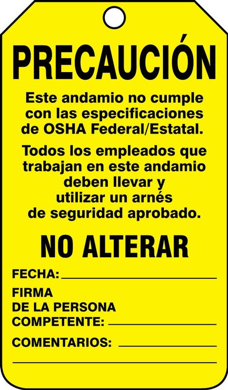 AccuformNMC TSS102 Scaffold Status Safety Tag, Caution, This Scaffold Does Not Meet Federal..., 5-3/4" H x 3-1/4" W, 5/Pk