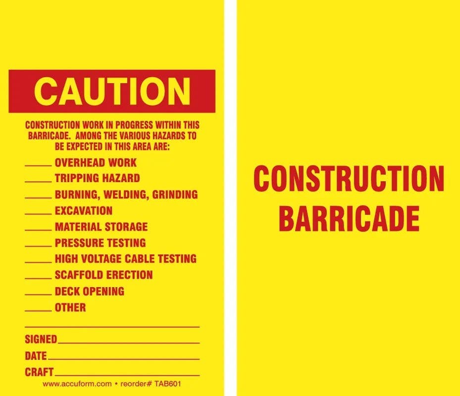 AccuformNMC TAB601 Barricade Caution Safety Tag, Construction Work In Progress, 5-3/4" H x 3-1/4" W, 5/Pk
