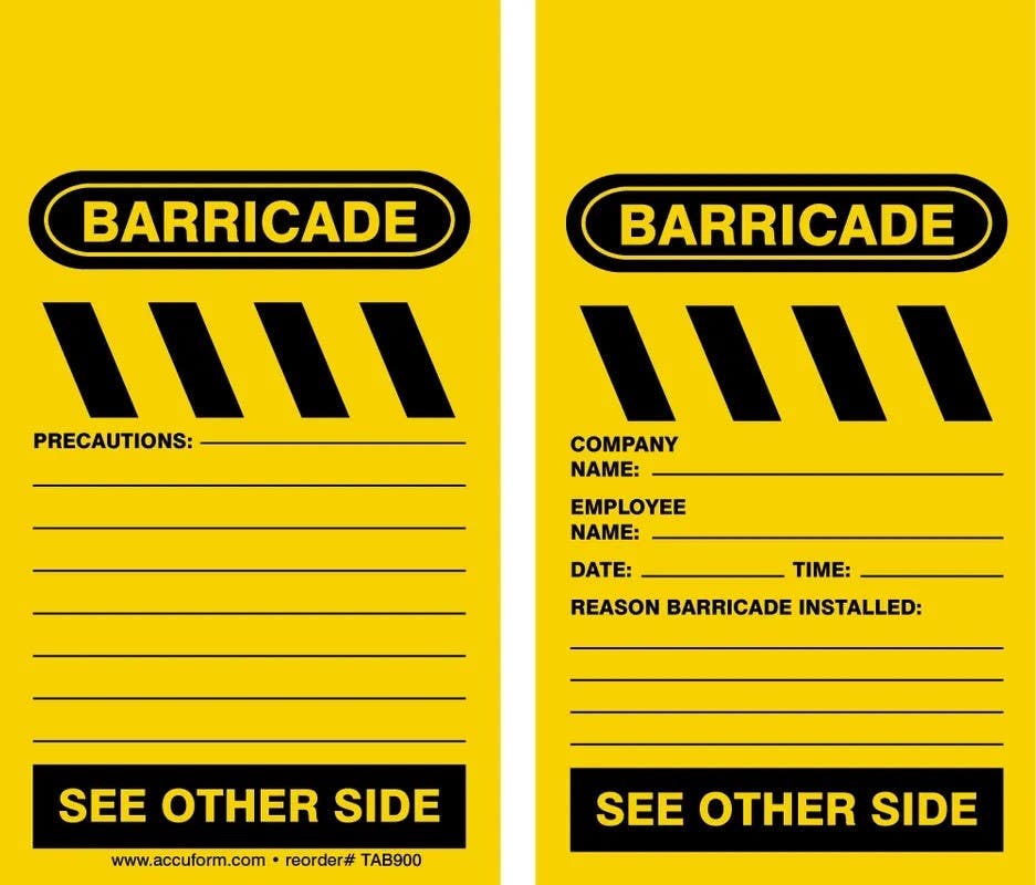 AccuformNMC TAB900 Barricade Status Tag, Barricade, Precautions, 5-3/4" H x 3-1/4" W, 5/Pk