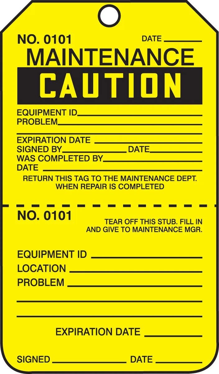 AccuformNMC TPP206 Caution Repair Tag, Maintenance, Perforated, 5-3/4" H x 3-1/4" W, 5/Pk